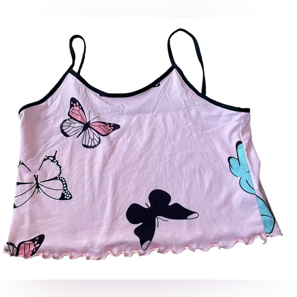 Retro Coquette Boho Whimsical Pink Blue Black Butterfly Lettuce Hem Crop Top - Picture 1 of 3
